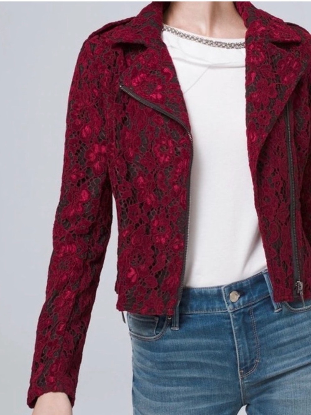 White House Black Market | Lace Zipper Moto Jacket In Dark Sangria Edgy Chic NWT